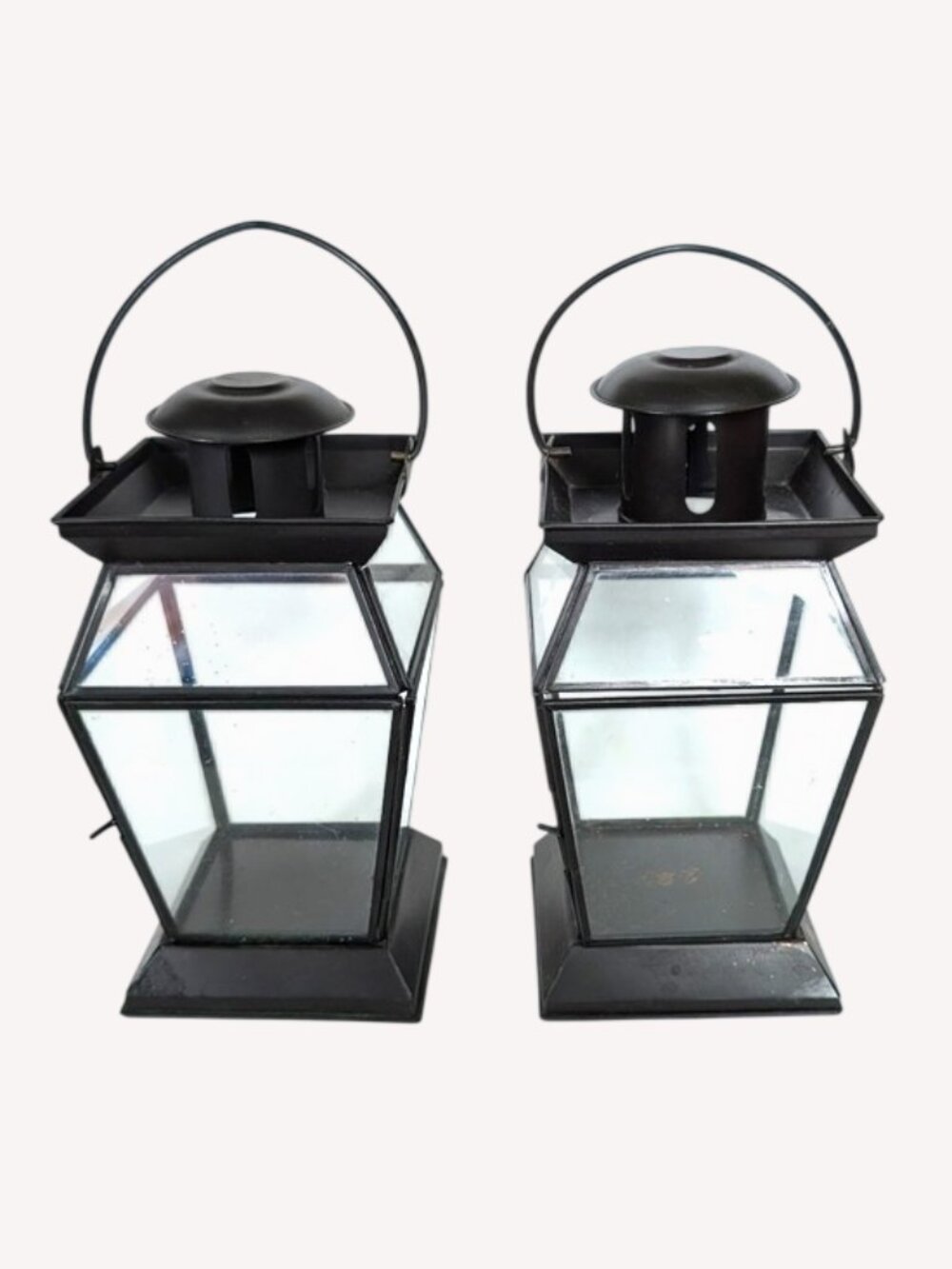 Pottery Barn Black Metal & Glass Lanterns Set